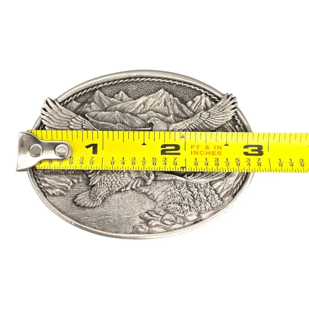 Eagle Belt Buckle Oval Pewter Flying Spreading Wings Mountain Scene by Heritage